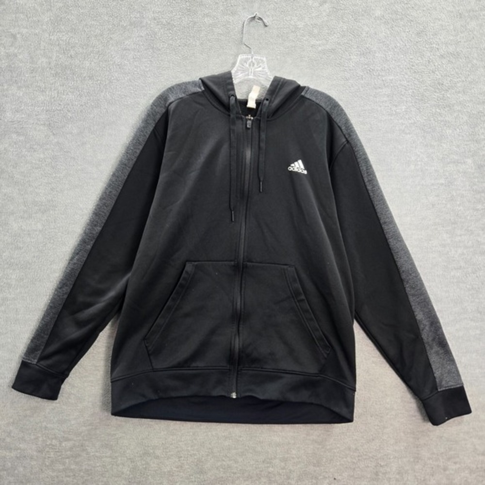 Adidas Men Sweatshirt Large Black Colorblock Hoodie Fleece Logo Drawstring